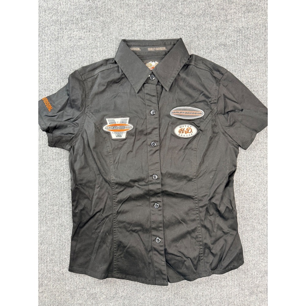 Vintage Harley Davidson Shirt Womens Small Black Patch Short Sleeve Button Up PV